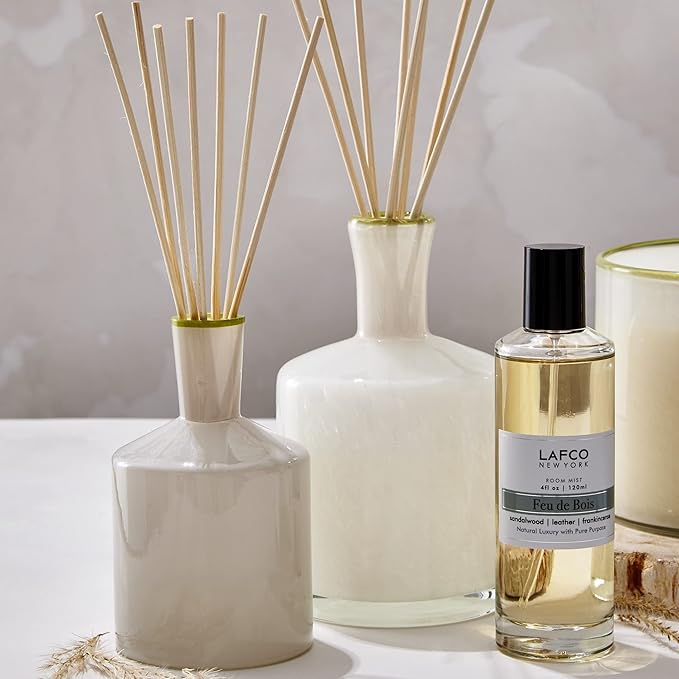 LAFCO New York Classic Reed Diffuser, Feu de Bois - 6 oz - Up to 3 Months Fragrance Life - Reusable Glass Vessel - Natural Wood Reeds - Made in The USA