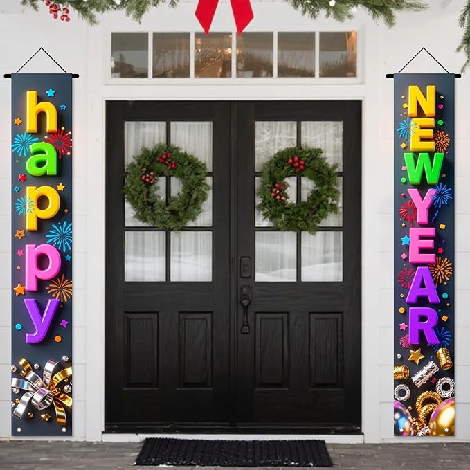 Nuxovilar Happy New Year Banner, 70.86" x 11.81" Colorful Letters Black Background Hanging Decorations for Outdoor Indoor Home Wall