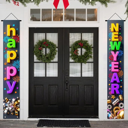 Nuxovilar Happy New Year Banner, 70.86" x 11.81" Colorful Letters Black Background Hanging Decorations for Outdoor Indoor Home Wall