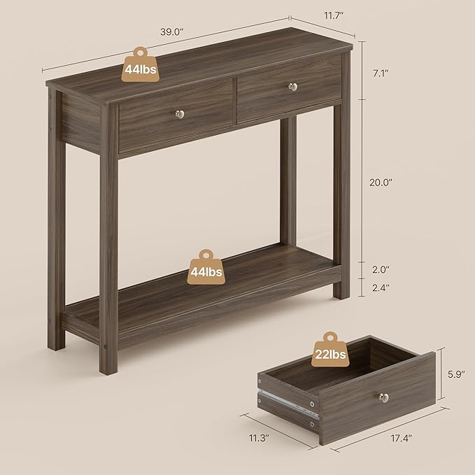 Gizoon Console Table with 2 Drawers, 2-Tier Wood Entryway Table with Storage Shelves, 39" W Wood Accent Sofa Table for Front Hall, Hallway, Living Room, Dark Brown