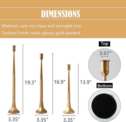 Denique Iron Taper Candle Holder Set of 3, Gold Candlestick Holders 19.3”17” 14” Heightening Decorative Candle Stand Set for Wedding, Dining Table, Home Decoration (Gold)