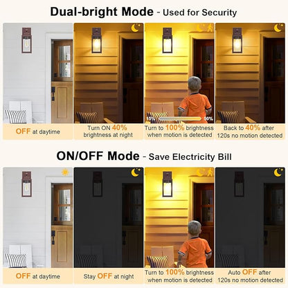 2-Pack Motion Sensor Porch Lights Outdoor, Farmhouse Brown Dusk to Dawn Exterior Lighting Fixtures with 3 Modes, Waterproof Wall Lanterns for House, Backyard, Entryway, Garage