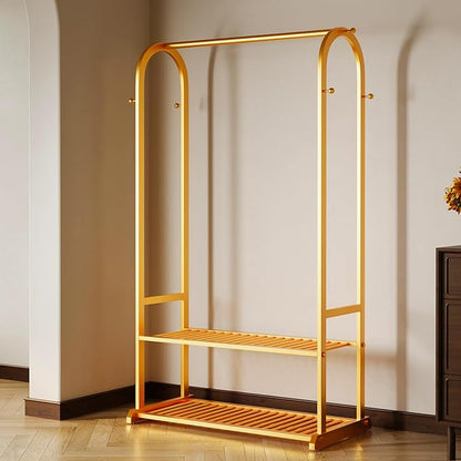 Sturdy heavy duty clothes rack,gold clothing rack with bottom shelves and 6 side hooks,Metal garment rack for hanging clothes for Bedroom