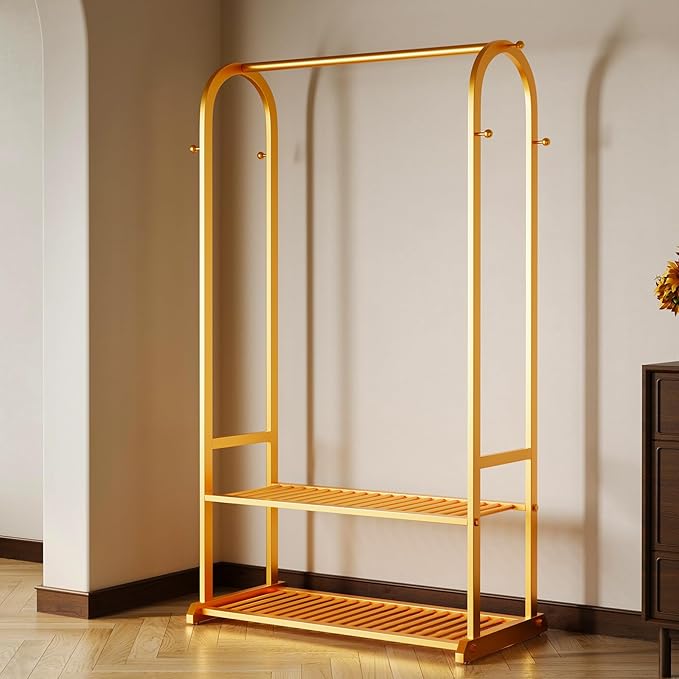 heavy duty clothes rack,gold clothing rack with bottom shelves and 6 side hooks,Metal garment rack for hanging clothes for Bedroom