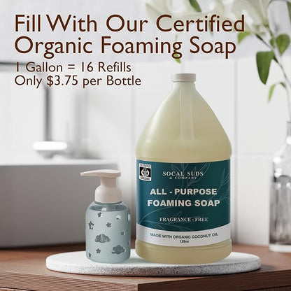 SoCal Suds & Company Glass Foaming Hand Soap Dispenser, Soft Grip Silicone Sleeve, Refillable Pump Bottle for Kids, Baby Wash & Shampoo, Ideal for Home Use, Light Grey 8oz