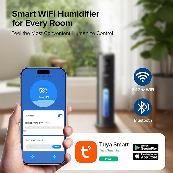 Humidifiers for Bedroom Large Room with 7L/1.85Gal Quiet Humidifiers, Smart App & Remote Control, 4 Mist Levels Cool Mist Humidifier for Home & Office