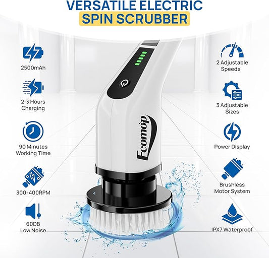 2025 Upgraded Electric Spin Scrubber – Shower Scrubber with Long Handle, Cordless Electric Cleaning Brush, 400 RPM Dual-Speed, IPX5 Waterproof, 90-Min Runtime, 8 Brush Heads for Powerful Cleaning