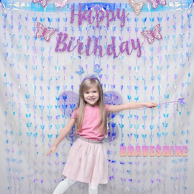 BRAVESHINE Iridescent Hanging Butterfly Foil Fringe Curtain - 2 Pack 3.2x6.6ft Holographic Party Streamers Backdrop for Bridal Shower/Mermaid/Frozen/Fairy/Princess/Butterfly Birthdays Decorations