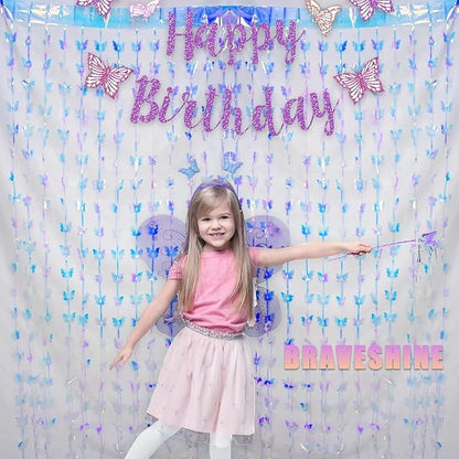 BRAVESHINE Iridescent Hanging Butterfly Foil Fringe Curtain - 2 Pack 3.2x6.6ft Holographic Party Streamers Backdrop for Bridal Shower/Mermaid/Frozen/Fairy/Princess/Butterfly Birthdays Decorations