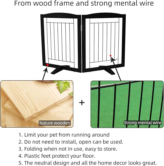 ZJSF Freestanding Dog Fence Indoor, Foldable Dog Gate for Doorways, Stairs or Hallways, Sturdy Wood Extra Wide Pet Gate with Support Feet for The House, Black, 32 "Height-2 Panels