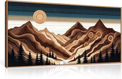 Large Abstract Mountain Woodcut Framed Canvas Wall Art,Modern Tree Ring Wall Decor,Sunrise Ridge Scenery Wall Painting,Retro Desert Artwork for Living Room,Bedroom,Dining Room,Office -20"x40"x1