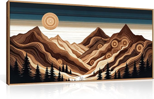 Large Abstract Mountain Woodcut Framed Canvas Wall Art,Modern Tree Ring Wall Decor,Sunrise Ridge Scenery Wall Painting,Retro Desert Artwork for Living Room,Bedroom,Dining Room,Office -20"x40"x1