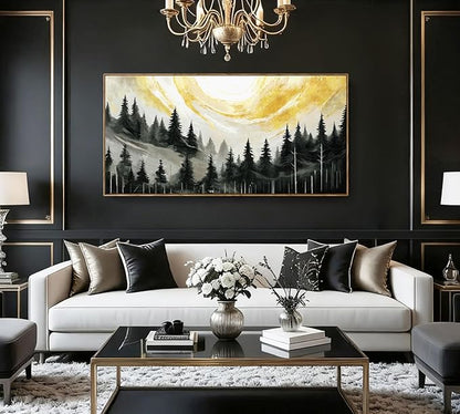 ARTZON Large Framed Canvas Art Wall Decor for Living Room Modern Black Yellow Gray Tree Picture Nature Lanscape Sunset Scenery Pin Forest Horizontal Artwork for Walls Home Living Room Bedroom 48"x24"
