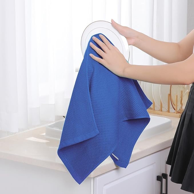 Homaxy 100% Cotton Waffle Weave Kitchen Dish Towels, Ultra Soft Absorbent Quick Drying Cleaning Towel, 13 x 28 Inches, 12-Pack, Blueberry