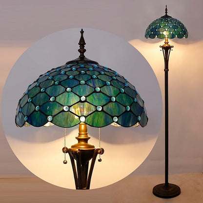 Tiffany Floor Lamp Sea Blue Stained Glass Pearl Standing Reading Light 16X16X70 Inches Antique Pole Corner Lamp Decor Bedroom Office Living Room
