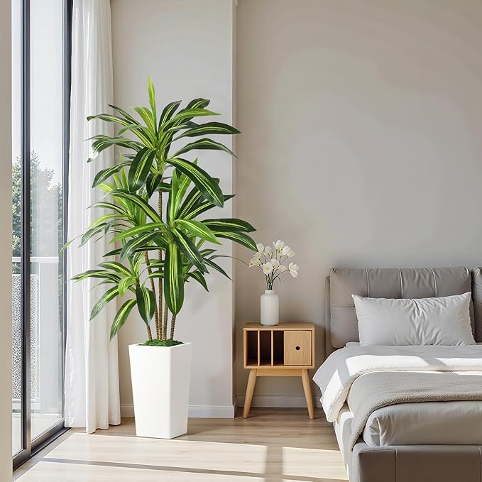 Artificial Dracaena Fake Tree 5FT, White High Pot Artificial Plants Indoor&Outdoor, Fake Plants for Office/Home/Living Room Potted Decoration, 5ft