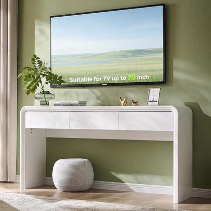 63'' Console Table with 3 Drawers, Modern Entryway Table with Curved Profile Design, Narrow Long Wood Sofa Table Behind Couch Table for Living Room, Hallway, Foyer, White