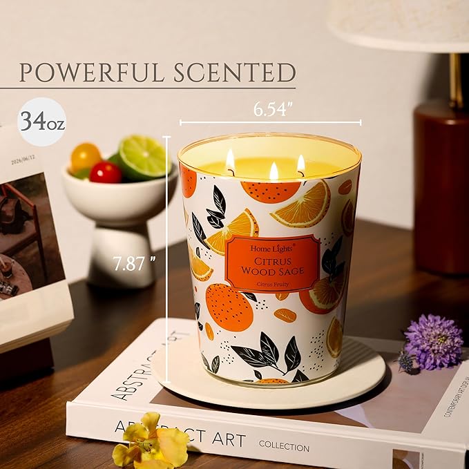 HomeLights Scented Candles | Large Jar 34 Oz Natural Soy Candle | 130 hrs Long-Lasting with 3 Wicks | Eclectic Mixed Styles Home Decor | Gifts for Mom & Women, Citrus Wood Sage
