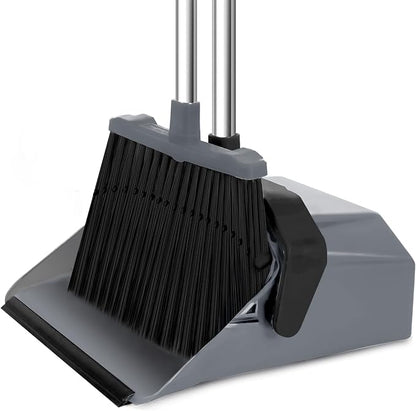 Broom and Dustpan Set, 51'' Broom with Dustpan Combo Set, Large Standing Dustpans Long Handle, Brooms and Dustpans for Restaurant Garage Floor Lobby Pet Hair Indoor Outdoor - Grey and Black