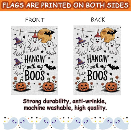 Fokongna Funny Halloween Spooky Pumpkin Garden Flag, Cute Halloween Decor Hangin’ With My Boos, 12x18 Inch Burlap Vertical Double Sided Flags, for Home Yard Outside Decorations