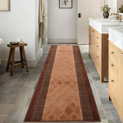 Washable Custom Size Runner Rug Trellis Circles Brown, (12 Feet Length x 26 Inch Width) Custom Cut Slip Resistant Rubber Backing Runner Rugs, Extra Long Runner Rugs for Hallways