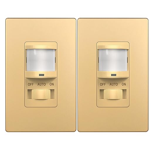TOPGREENER in Wall PIR Motion Sensor Light Switch, Occupancy Sensor Switch, 𝐍𝐞𝐮𝐭𝐫𝐚𝐥 𝐖𝐢𝐫𝐞 𝐑𝐞𝐪𝐮𝐢𝐫𝐞𝐝, On/Off Override, 𝐒𝐢𝐧𝐠𝐥𝐞 𝐏𝐨𝐥𝐞, 4A, 500W, TSOS5-GDSWP,Gold,2 Pack