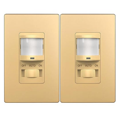 TOPGREENER in Wall PIR Motion Sensor Light Switch, Occupancy Sensor Switch, 𝐍𝐞𝐮𝐭𝐫𝐚𝐥 𝐖𝐢𝐫𝐞 𝐑𝐞𝐪𝐮𝐢𝐫𝐞𝐝, On/Off Override, 𝐒𝐢𝐧𝐠𝐥𝐞 𝐏𝐨𝐥𝐞, 4A, 500W, TSOS5-GDSWP,Gold,2 Pack