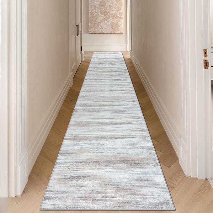 KOZYFLY Modern Abstract Kitchen Runner Rug, 2.6x16 Washable Rug Runner Non-Slip Soft Striped Hallway Runner Rugs, Beige Print Carpet Runner for Entryway Bathroom Laundry Room Foyer