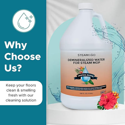 Steam & Go Demineralized Water Cleaning Solution for Floor & Multi-Surface Steam Cleaners - Compatible for All Steam Mops - Tropical Bloom Scent, 128 oz