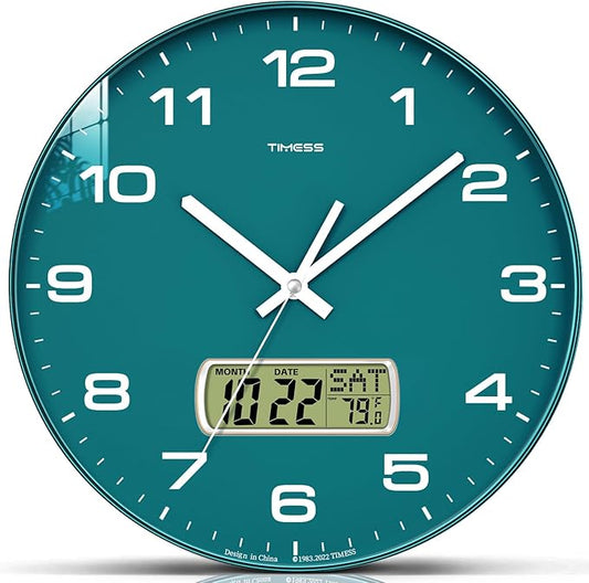 Wall Clock, 12" Dial Non-Ticking Silent Battery Operated Analog with LCD Display for Perpetual Calendar and F° Temperature, Ideal Modern Home, Bedroom, Kitchen, Office Decor (Green)