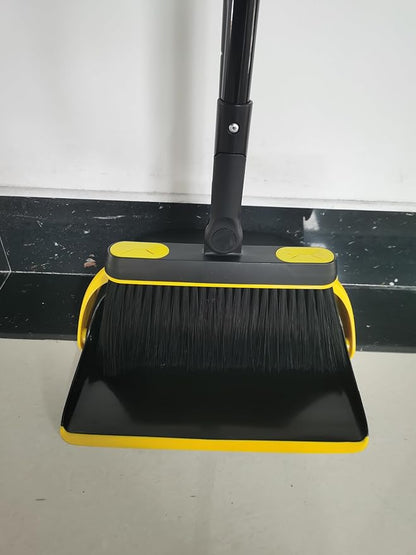 JEHONN Broom and Dust Pan, 54.3 inches Long Handle Swivel Brush, Upright Foldable Dustpan with Comb Teeth for Home Kitchen Lobby Indoor Floor Cleaning (Black & Yellow)