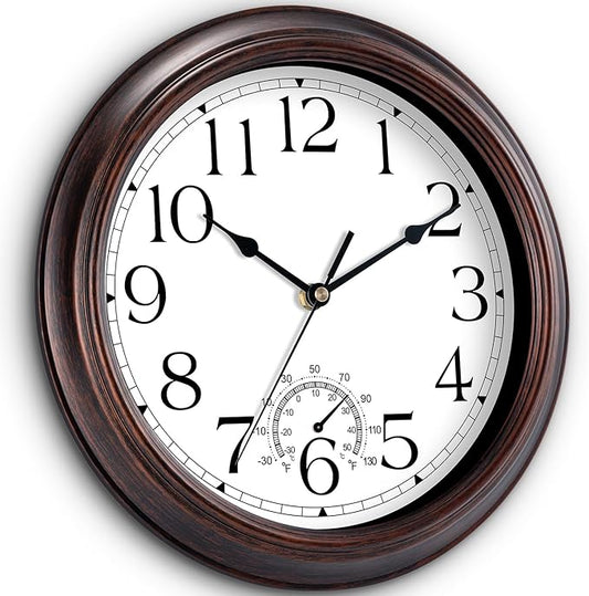 12 Inch Outdoor Wall Clock with Thermometers, Vintage Silent Wall Clocks Battery Operated, Retro Non-Ticking Clock Decorative for Living Room, Patio, Kitchen, Office, Bathroom, Bedroom(Bronze)