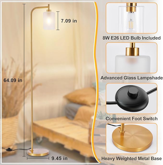 DLLT Floor Lamp Tall for Room: Gold Standing Lamp with Frosted Glass Lampshade for Living Room - Modern Bright Lamp for Bedroom - Industrial Corner Floor Lamps for Office 8W Led Bulb Included