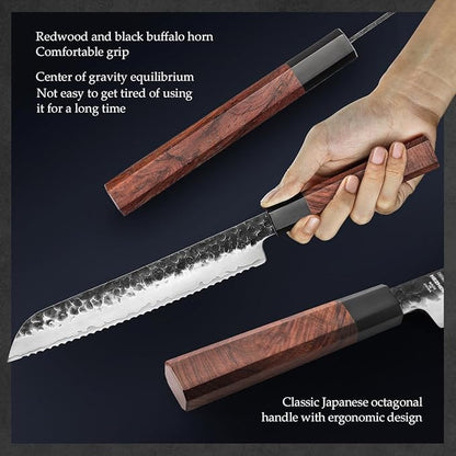 HEZHEN Chef's Knife Set 5PCS, 3 Layers High Carbon Clad,Razor Sharp 10Cr15CoMoV Steel Core, Ergonomic Redwood Octagonal Handle