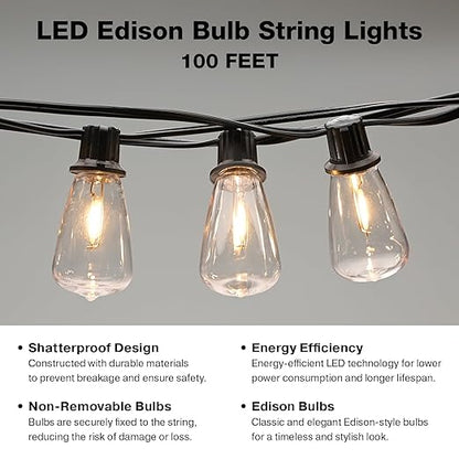 EXCELLO GLOBAL PRODUCTS Premium String Light Pole 4 Pack with 100' of LED Edison Bulb String Lights (Deck Mount)