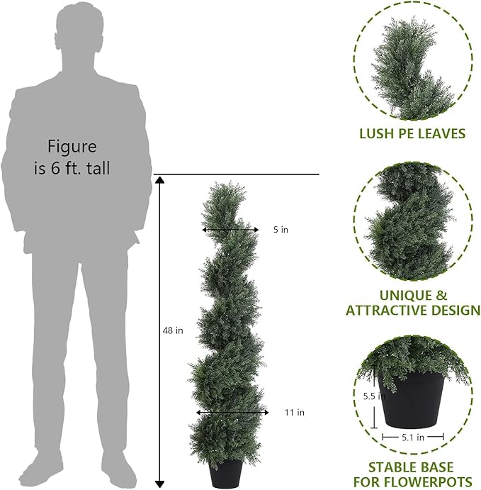 THE BLOOM TIMES 4ft Tall Spiral Artificial Topiary Trees Set of 2, 48 inch Large Faux Cedar Trees for Outdoor Planters, Fake Cypress Plants for Garden Front Porch Indoor Outside Christmas Decor 4 Foot
