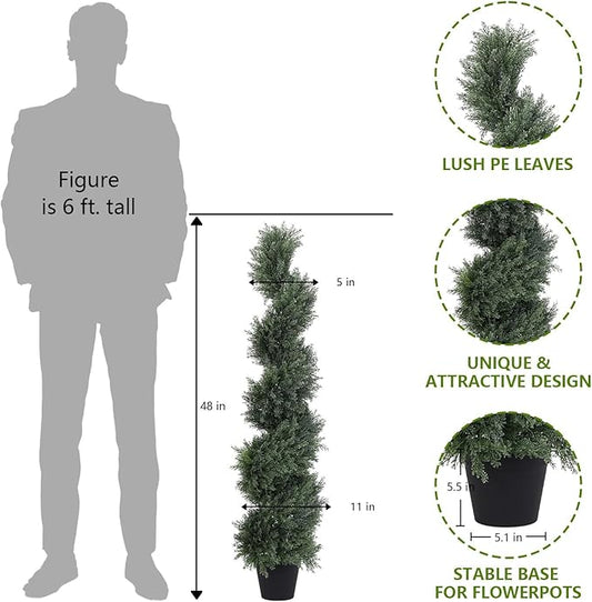 THE BLOOM TIMES 4ft Tall Spiral Artificial Topiary Trees Set of 2, 48 inch Large Faux Cedar Trees for Outdoor Planters, Fake Cypress Plants for Garden Front Porch Indoor Outside Christmas Decor 4 Foot