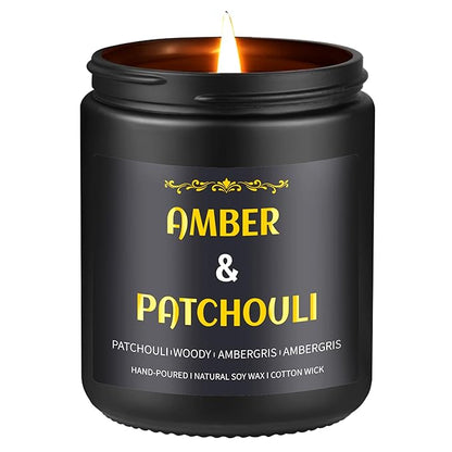 Amber Patchouli Candle, 7 oz Scented Candle for Men, Soy Candles for Home Scented, Masculine Jar Candle for Him, 50 Hours Burning Time Mens Candle Gift for Boyfriend, Father, Birthday Present Giving