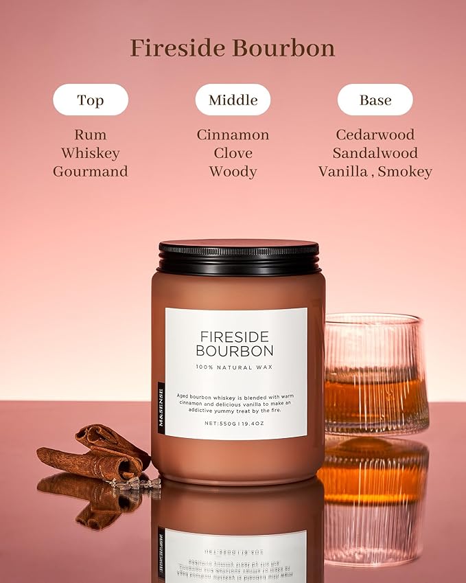 M&SENSE Fireside Bourbon Scented Candles, 2 Wick Jar Candle 19.4oz 110 Hour Long Lasting, Organic Natural Soy Wax Candle for Bedroom Kitchen Home Decor, Warm Housewarming Gifts for Men Women