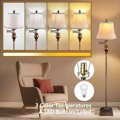 PARTPHONER Vintage Floor Lamps for Living Room,Traditional 350° Adjustable Swing Arm Farmhouse Floor Lamp for Bedroom, Rustic Standing Lamp Pole Lamps for Reading, Home Décor and Office,Bronze Gold