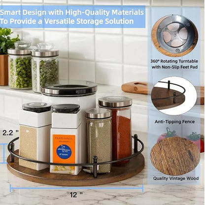 Wooden Lazy Susan Turntable Organizer for Cabinet, Table Top, Kitchen, Pantry, Bathroom, Vanity Countertop, Rotating Wood Lazy Susans Rack for Condiment, Seasoning, Spice Storage Organization(Round)