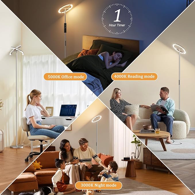 Floor Lamps for Living Room, 40W/2400LM LED Floor Lamp with Touch & Remote Control, 70" Tall Standing Lamp Stepless Dimmable, Modern Torchiere Corner Lamp for Bedroom, Office - Silver Grey