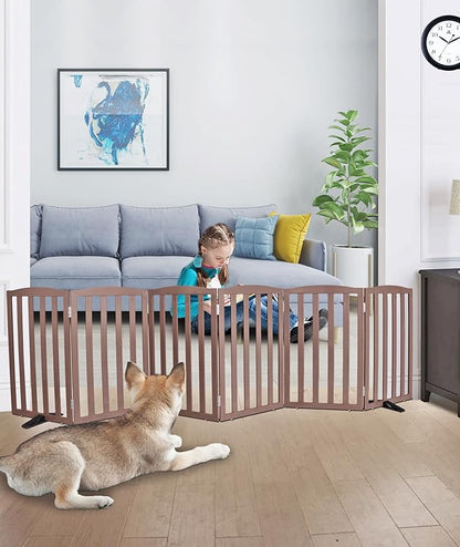 ZJSF Foldable Freestanding Indoor Dog Gate for House Wood Long Pet Gates Dog Fence for Stairs Puppy Gates for Hallways, Puppy Gate,Support Feet Included, Brown, 32 "Height-6 Panels