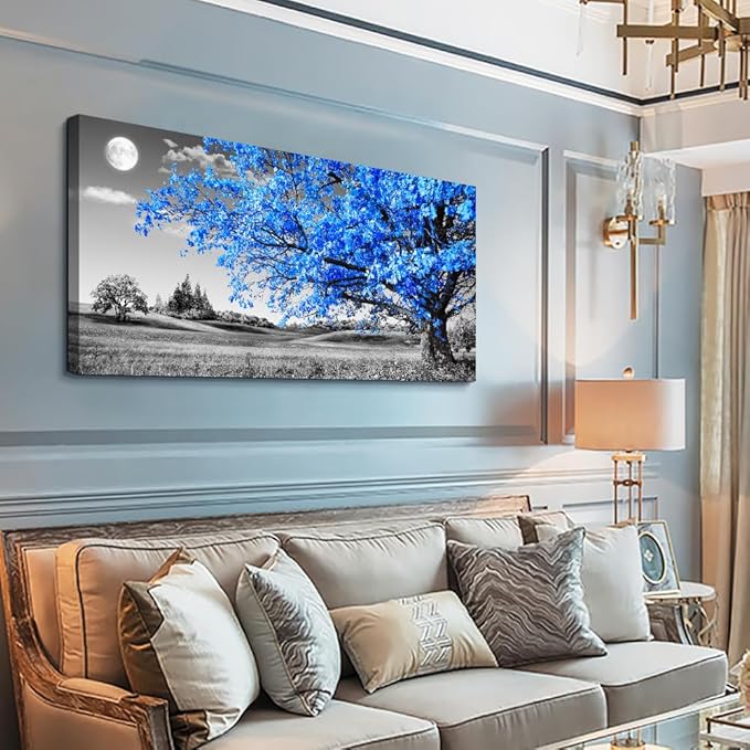 Wapluam Large Canvas Wall Art For Living Room & Bedroom - Black & White Wall Paintings - Blue Tree Scenery - 24" X 48
