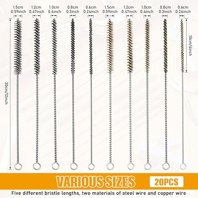 Wire Tube Brushes for Cleaning Pipe Tube Brass Stainless Steel Round Wire Brush for Auto Parts, Bottles, Tubes, 5 Sizes(20 Pieces)
