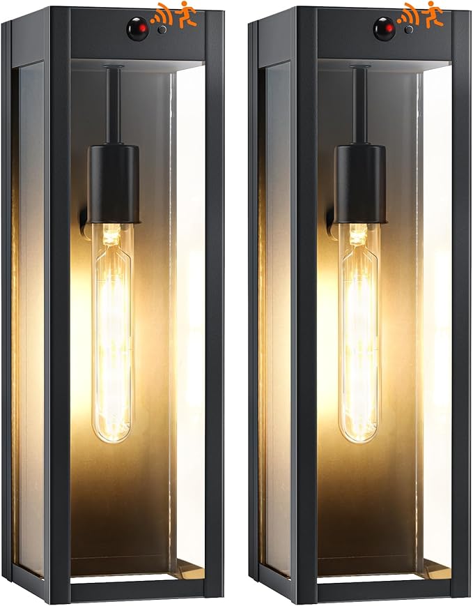 15.3" Large Motion Sensor Exterior Wall Light Sconces 2-Pack, Waterproof Dusk to Dawn Black Exterior Lighting Fixtures Wall Mount with 3 Lighting Modes, Outdoor Porch Coach Lights for Garage House