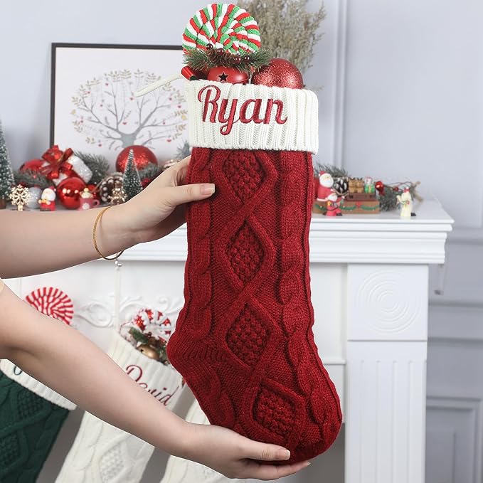 Personalized Christmas Stockings,Custom Embroidered Name+Logo Xmas Knitted Stockings 18'',Holiday and Family Stocking for Fireplace Christmas Holiday Party Decoration 1-6Pack（Grey）