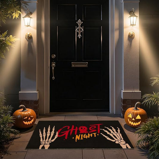 Halloween Door Mat, Halloween Doormat Outdoor Front Door Entrance Absorbent Entry Mat with Non Slip Backing, 17''x30'', Skeleton Black