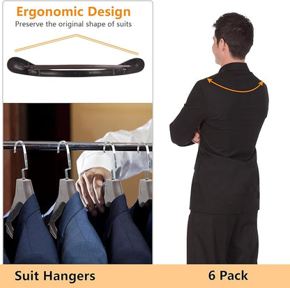 Suit Hangers for Men 6 Pack, Brown Coat Hangers Extra Wide Non Slip Width 17.7", Thick Plastic with Pants Bar & Metal Hook