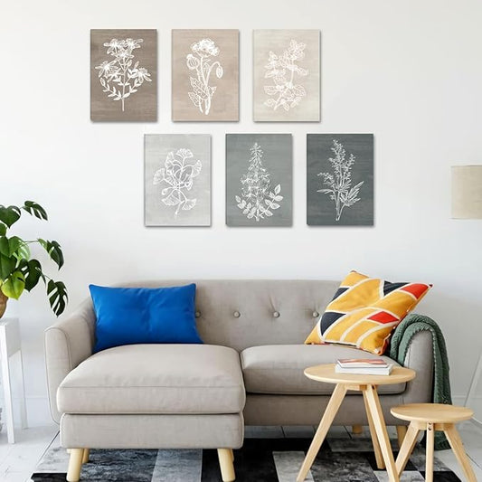 BINCUE Neutral Botanical Plant Canvas 6 Pieces Rustic Farmhouse Wall Art for Living Room Bedroom and Bathroom,Canvas Paintings Print Set Decor 12"x 16"